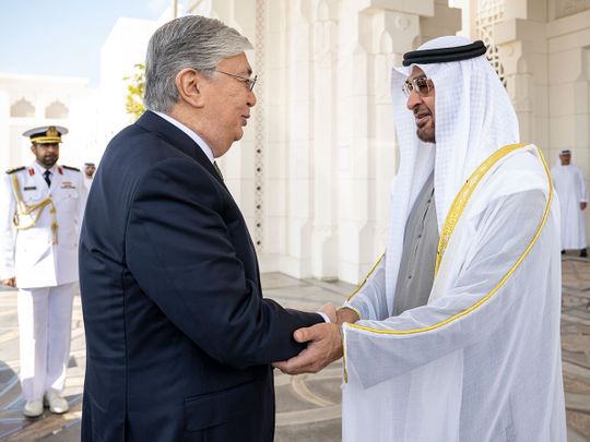 President His Highness Sheikh Mohamed bin Zayed Al Nahyan (right) and President Kassym-Jomart Tokayev of Kazakhstan