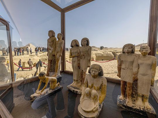 A collection of pharaoh statues is on display at the Saqqara necropolis