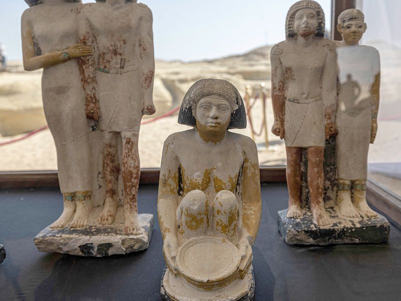 Artifacts are displayed at the Saqqara archaeological site, south of Cairo. 