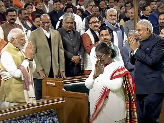 President Droupadi Murmu greets Prime Minister Narendra Modi 