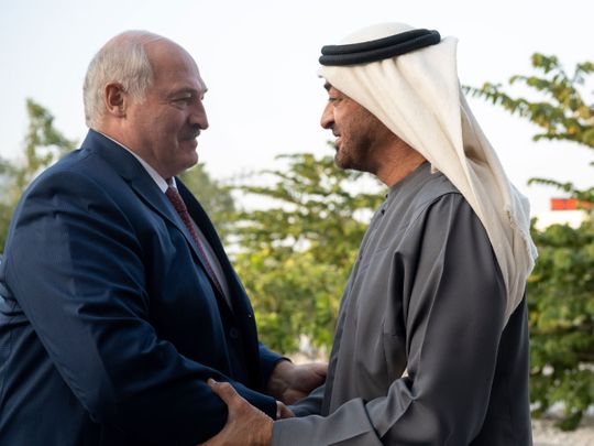 President His Highness Sheikh Mohamed bin Zayed Al Nahyan [R] with Alexander Lukashenko, President of Belarus