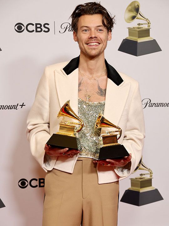 Harry Styles winner of Best Pop Vocal Album for “Harry’s House” and Album of the Year for “Harry’s House” poses in the press room during the 65th GRAMMY Awards at Crypto.com Arena on February 05, 2023 in Los Angeles, California.   