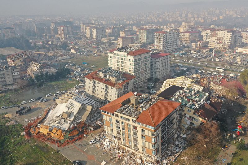 An aerial view shows collapsed and damaged buildings after an earthquake in Hatay, Turkey.  February 7, 2023.
