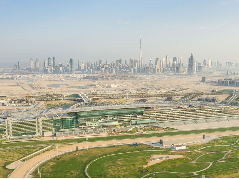 Dubai Downtown skyline as viewed from the Meydan racecourse in Nad Al Sheba district.