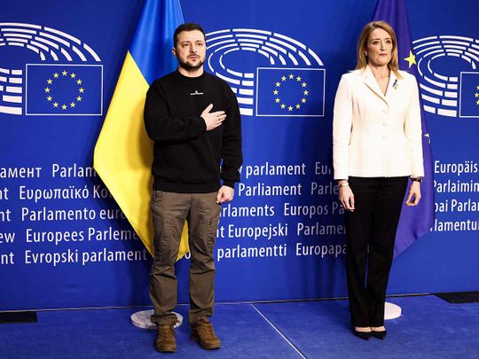Ukraine's president Volodymyr Zelensky European Parliament President Roberta Metsola