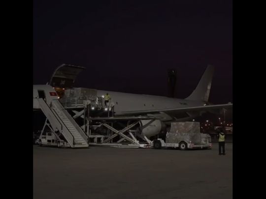 screeshot of DMO video on Twitter showing aid flight from Dubai to Syria on Feb 20, 2023