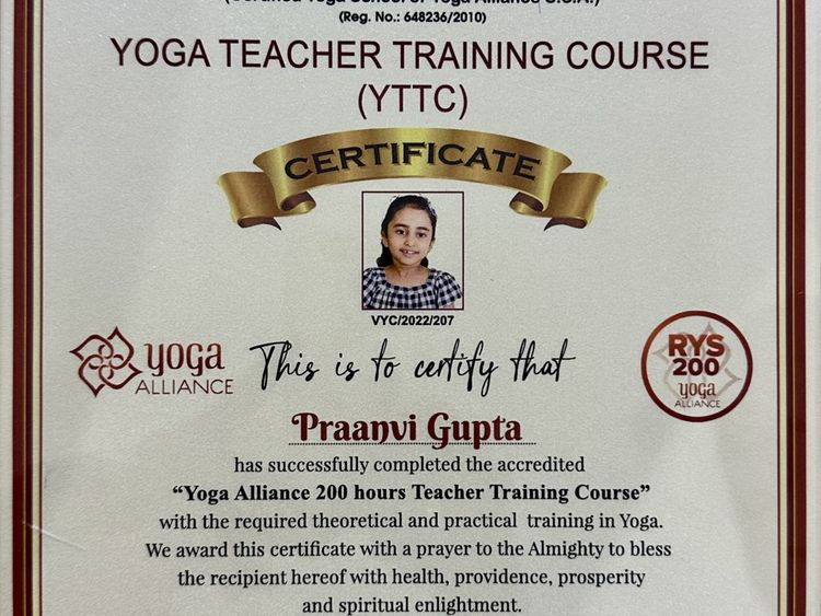 Yoga teachers Certificate  - Praanvi Gupta-1677132400611