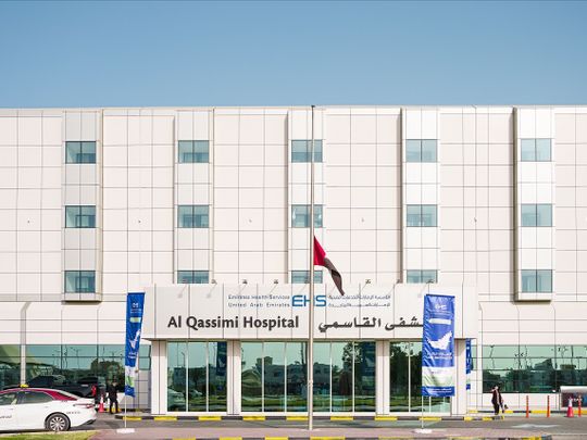 The facade of Al Qassimi Hospital in Sharjah.