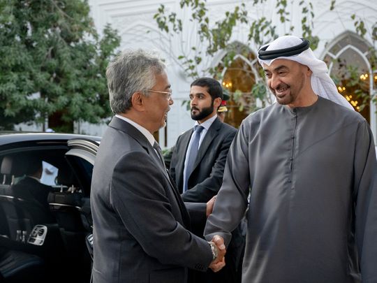 UAE President His Highness Sheikh Mohamed bin Zayed Al Nahyan receives His Majesty King Sultan Abdullah Sultan Ahmad Shah of Malaysia (left), during a Sea palace barza. 