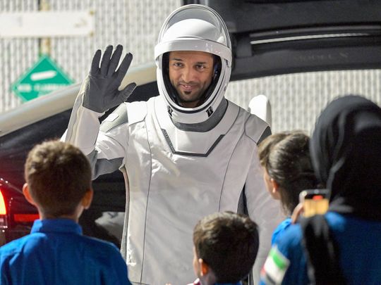 NASA's SpaceX Crew-6 mission astronaut the United Arab Emirates' Sultan Al Neyadi waves as he departs for the launch pad before launch to the International Space Station from the Kennedy Space Center in Cape Canaveral, Florida, on February 26, 2023. 