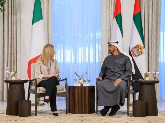 President His Highness Sheikh Mohamed bin Zayed Al Nahyan receives Giorgia Meloni, Prime Minister of Italy.
