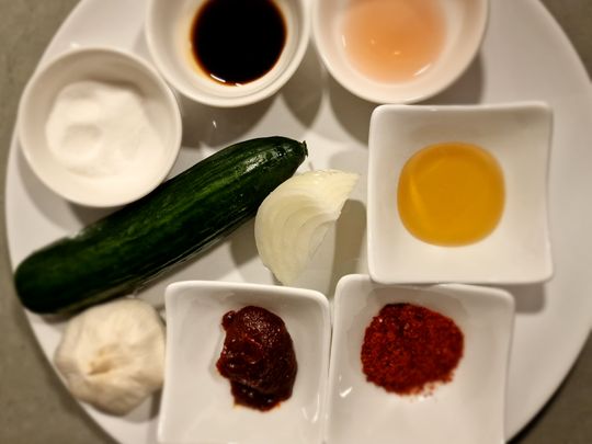 Ingredients to make Oi Muchim or Spicy Cucumber Salad