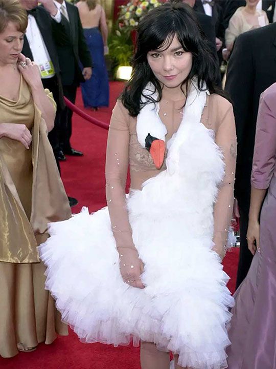 Singer Bjork arrives at the 73rd annual Academy Awards in her infamous swan gown, pictured in this March 25, 2001 file photo, in Los Angeles. That gown will not be included in this year's Oscar fashion show, which will highlight signature gowns from red carpets past. 