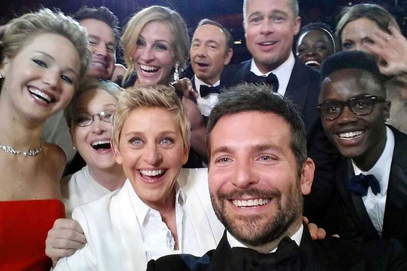 The selfie (from left): Jared Leto, Jennifer Lawrence, Meryl Streep, Channing Tatum, Ellen DeGeneres, Julia Roberts, Kevin Spacey, Bradley Cooper, Brad Pitt, Lupita Nyong’o, Peter Nyong’o Jr., and Angelina Jolie.