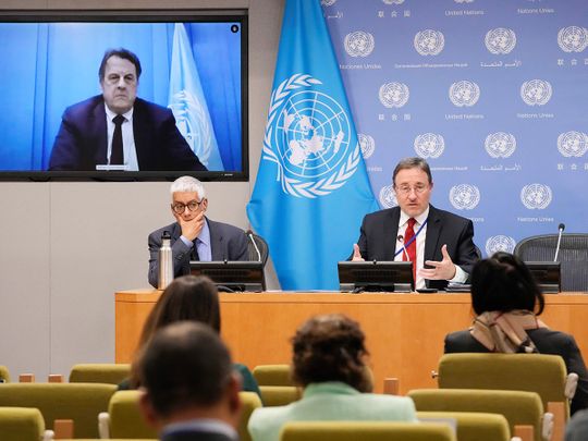 United Nations Development Programme Administrator Achim Steiner, right, and Deputy Spokesman of the UN Secretary-General Farhan Haq are joined via video conference by UN Resident and Humanitarian Coordinator for Yemen David Gressly during a news conference, Thursday, March 9, 2023 at UN headquarters. 