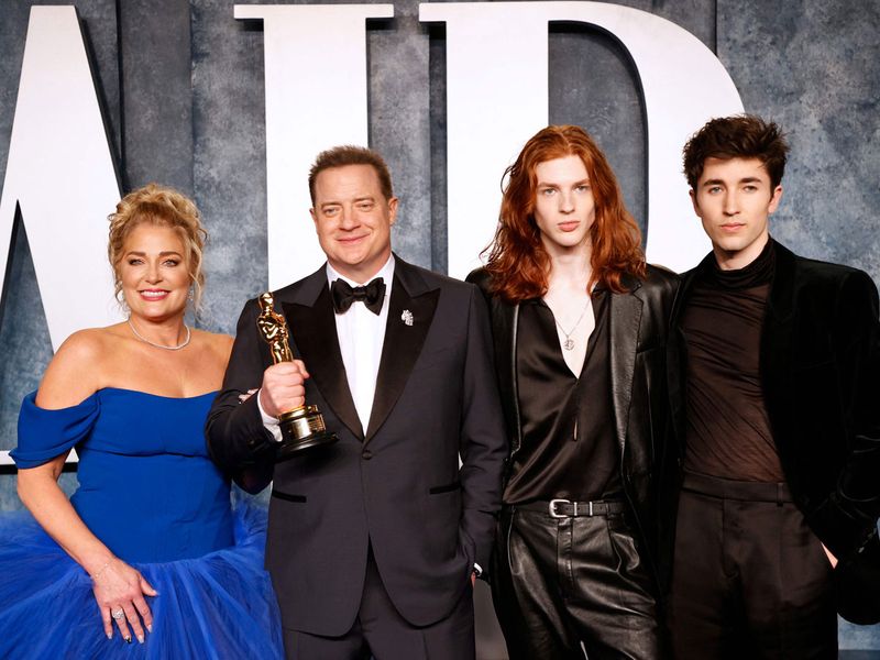 Jeanne Moore, Brendan Fraser, Leland Fraser and Holden Fraser at the Oscars after-party.