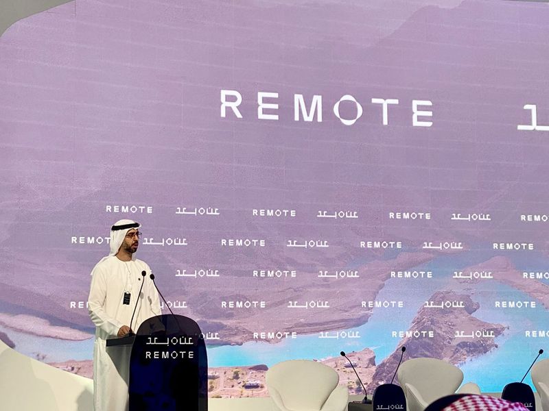 Omar Sultan Al Olama delivers the opening remarks at the inaugural day of the “Remote” forum at the Museum of the Future in Dubai on Wednesday 