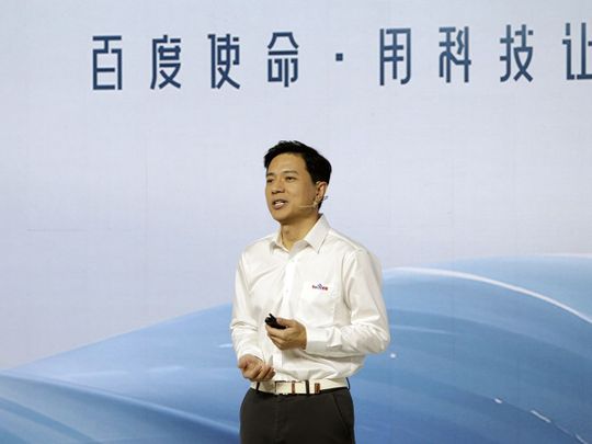 Robin Li, chairman and chief executive officer of Baidu Inc., speaks during a launch event for the company's Earnie Bot in Beijing, China, on Thursday, March 16, 2023. 