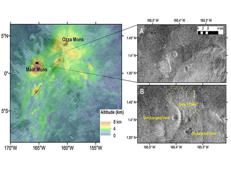The geological changes Herrick found occurred in Atla Regio, a vast highland region near Venus’ equator that hosts two of the planet’s largest volcanoes, Ozza Mons and Maat Mons.