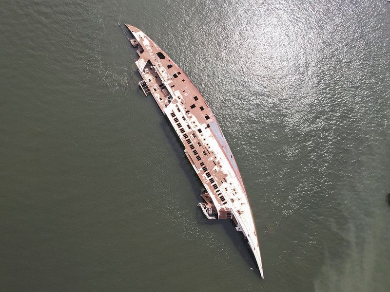 An aerial view of the 'Al Mansur' yacht, once belonging to former Iraqi President Saddam Hussein