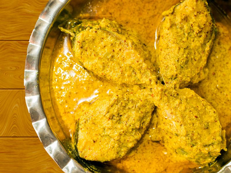 Hilsa fish cooked with mustard sauce