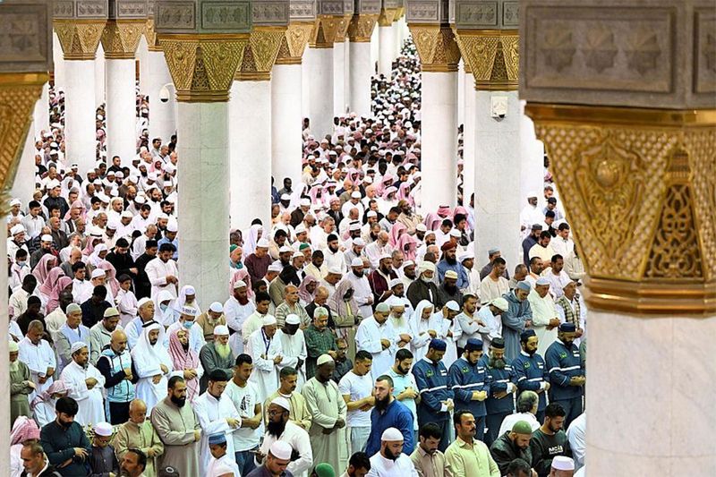Thousands of the faithful offer Taraweeh, the special night prayers in Ramadan, at the Masjid an-Nabawi, also known as the Prophet Mosque. Worshippers pray both inside the mosque and outside in the mosque's plazas and on its roof. During Ramadan pilgrims and visitors from all over the world fly into Medina to pay homage to the Prophet Muhammad (peace be upon him) at the second holiest site in Islam.