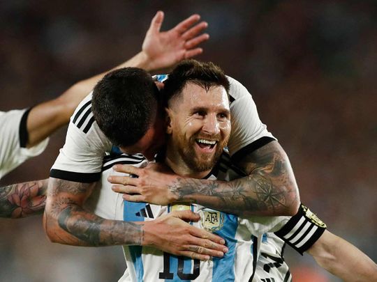Argentina's Lionel Messi celebrates scoring their second goal against Panama at Estadio Monumental, Buenos Aires, Argentina on March 23, 2023.