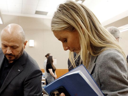 Hollywood actress Gwyneth Paltrow exits a Utah court during recess break.