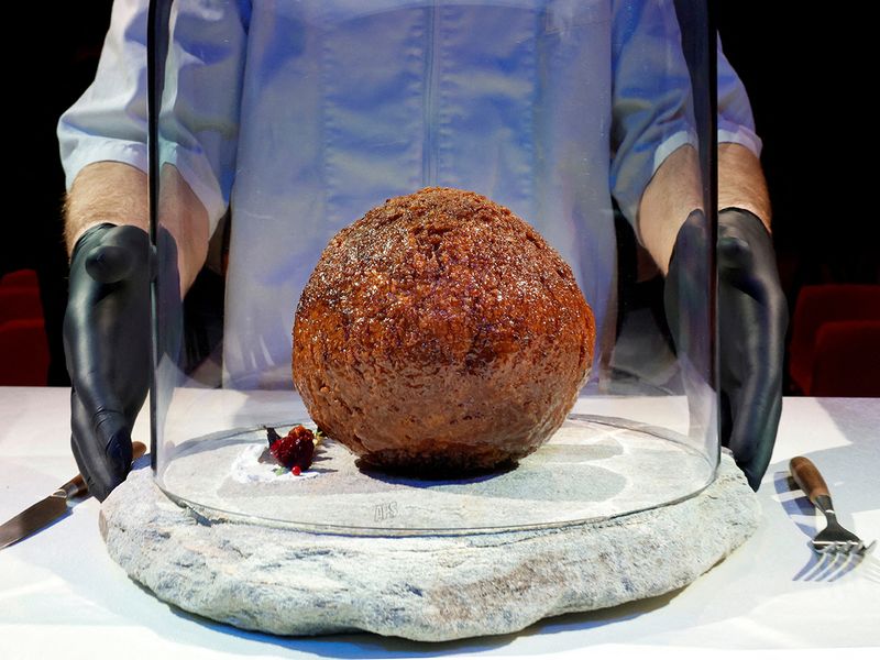 A meatball made from flesh cultivated using the DNA of an extinct woolly mammoth is presented at NEMO Science Museum created by a cultured meat company, in Amsterdam, Netherlands. 
