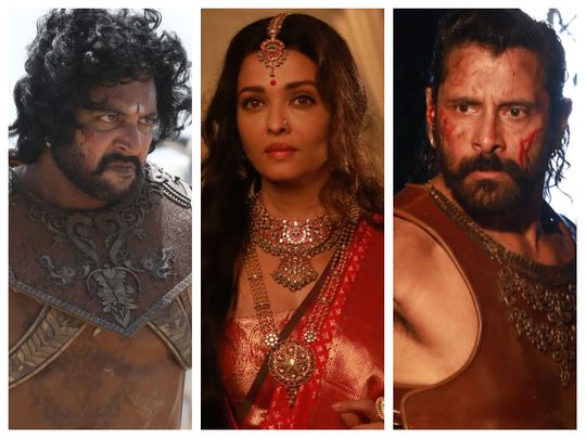 Actors Jayam Ravi, Aishwarya Rai Bachchan and Vikram in 'Ponniyin Selvan'