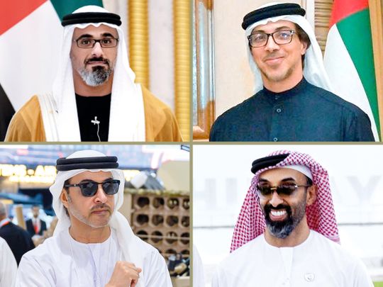 Clockwise from top-left: Sheikh Khaled bin Mohamed bin Zayed, Sheikh Mansour bin Zayed Al Nahyan, Sheikh Tahnoun bin Zayed Al Nahyan and Sheikh Hazza bin Zayed Al Nahyan. 