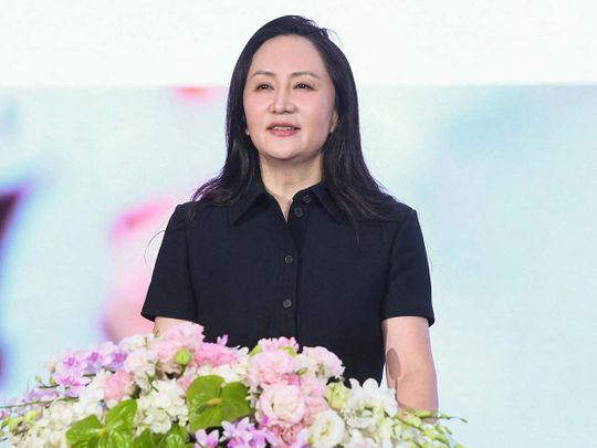 Huawei's chief financial officer Meng Wanzhou speaks during the Huawei 2022 Annual Report press conference in Shenzhen, in China's southern Guangdong province on March 31, 2023