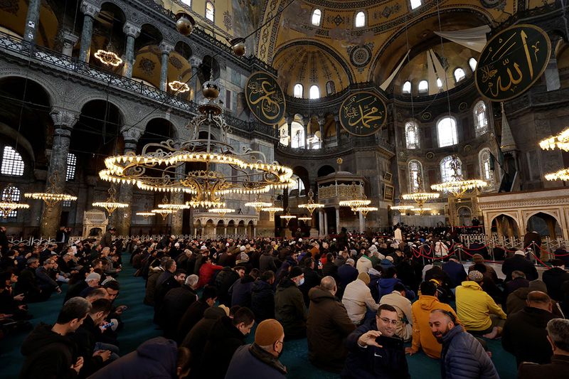 Worshippers attend Friday prayers during the Muslim holy month of Ramadan, at Ayasofya-i Kebir Camii or Hagia Sophia Grand Mosque in Istanbul, Turkey March 31, 2023.