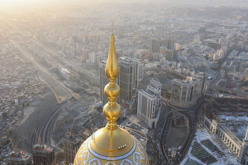 This picture taken on April 1, 2023 during the Muslim holy fasting month of Ramadan, from the Mecca Royal Clock Tower of the Abraj al-Bait skyscraper complex, shows an aerial view of the holy city of Mecca.
