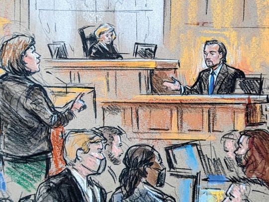 Courtroom sketch of Hollywood actor Leonardo DiCaprio testifying.