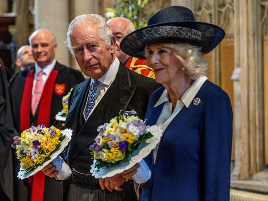 Britain's King Charles III (L) and Britain's Camilla, Queen Consort