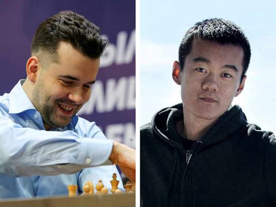 A combination photo showing Ian Nepomniachtchi, left and Ding Liren.