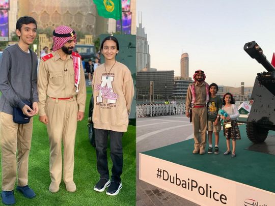 A before-and-after shot showing children who revisited the Ramadan cannon  tradition in Dubai.