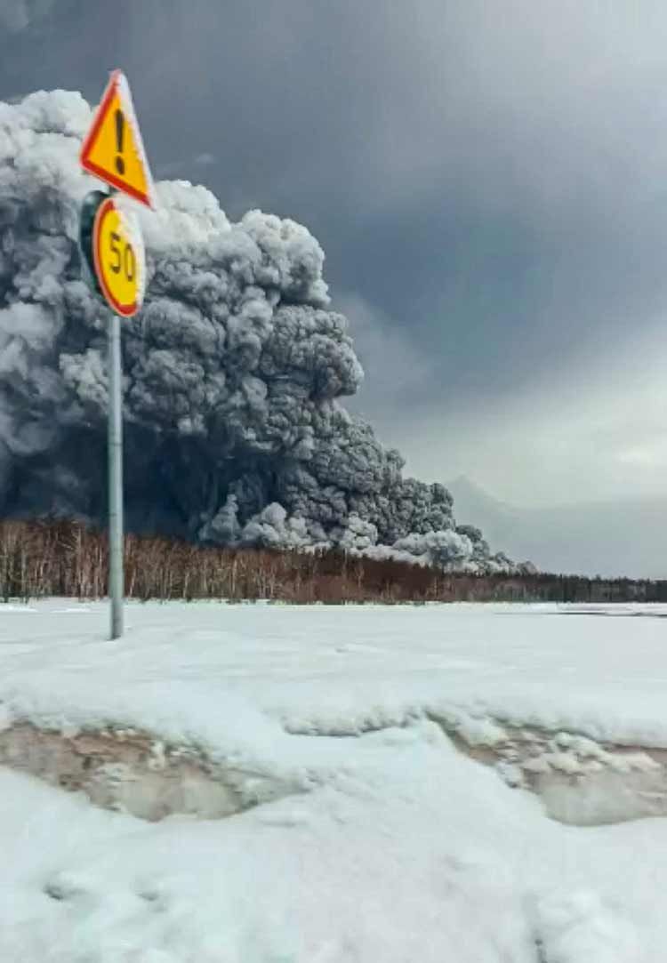 Smoke and ash are visible during the the Shiveluch volcano's eruption on the Kamchatka Peninsula in Russia. 