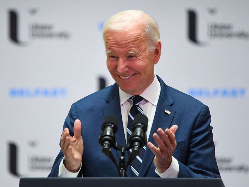 US President Joe Biden delivers a speech at Ulster University in Belfast, Northern Ireland, UK, on Wednesday, April 12, 2023. Biden will mark the 25th anniversary of the Good Friday Agreement, which largely brought about an end to decades of sectarian violence in Northern Ireland, and celebrate the recent Brexit deal intended to preserve that pact. Photographer: