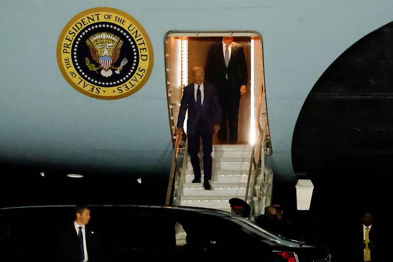 US President Joe Biden disembarks from Air Force One upon arrival at Belfast International Airport on April 11, 2023, starting a four day trip to Northern Ireland and Ireland to launch 25th anniversary commemorations of the 