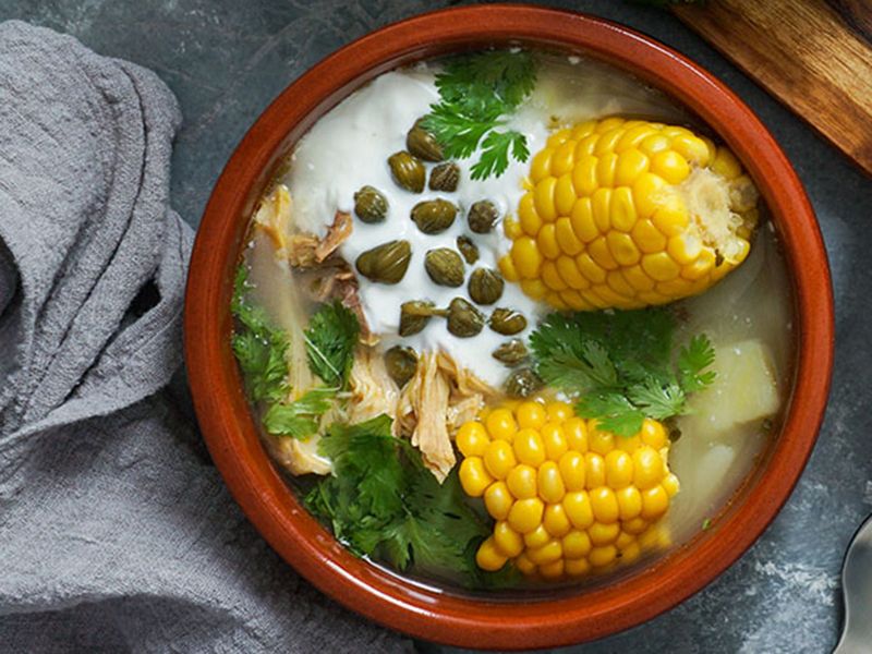 Colombian Ajiaco or potato and chicken soup
