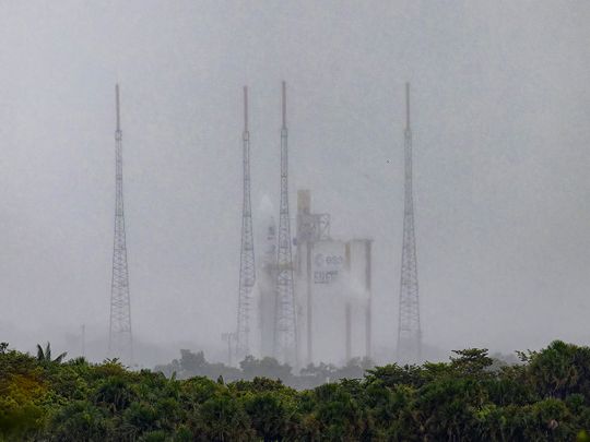 Arianespace's Ariane 5 rocket with the interplanetary spacecraft JUICE (Jupiter Icy Moons Explorer) onboard, on its launchpad at the Guiana Space Center in Kourou, French Guiana, on April 13, 2023. 