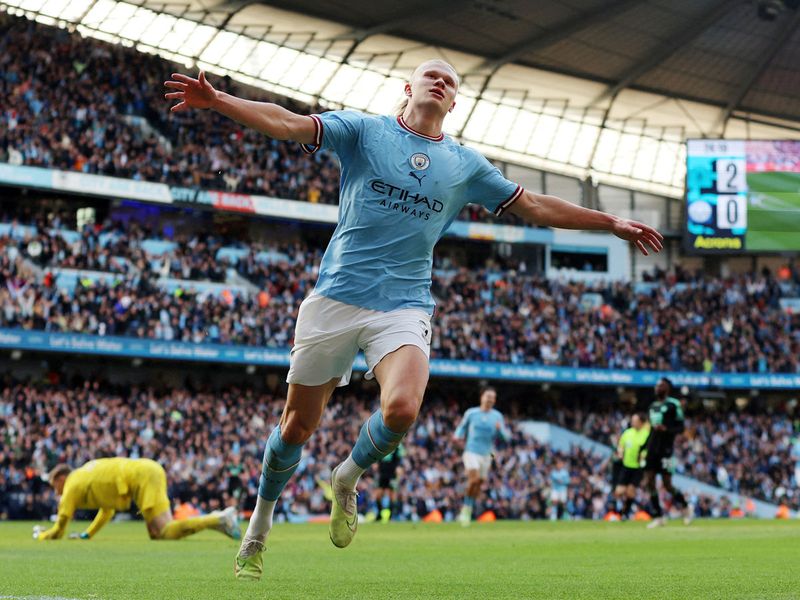 Manchester City's Erling Braut Haaland celebrates scoring their third goal 