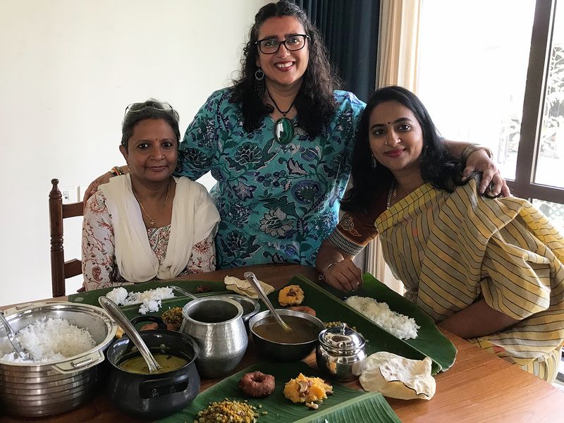 From left to right - Beena Mukkamala from Andhra Pradesh, Ishita B Saha from West Bengal and Akshaya Vikram from Tamil Nadu - all enjoying a Puthandu feast