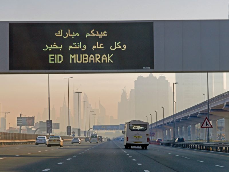 A road signage in Dubai displays ‘Eid Mubarak’ greetings. 