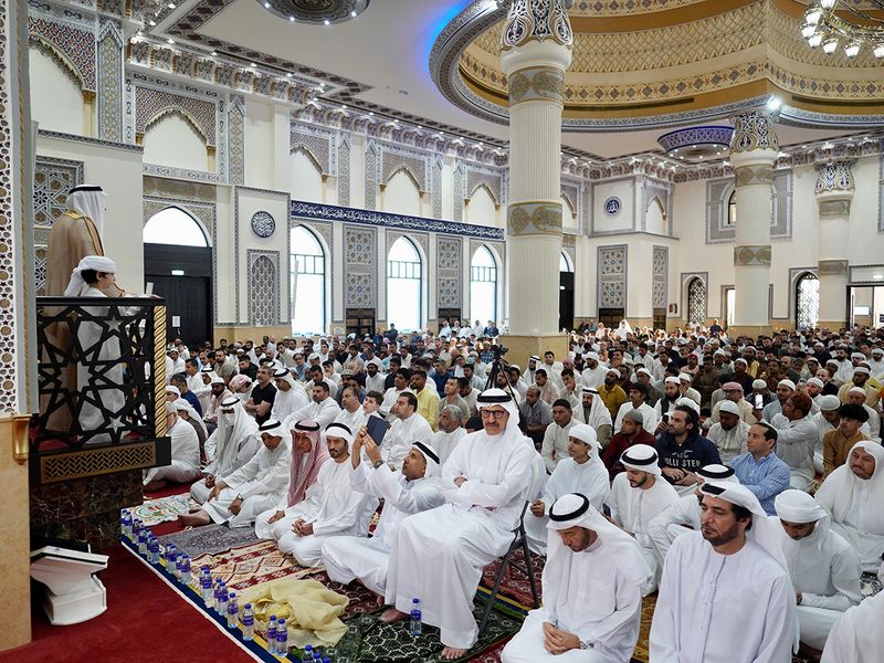 People gather for Eid Al Fitr prayer at Al Farooq Omar Bin Al Khattab Mosque (Blue Mosque) in Dubai. 
