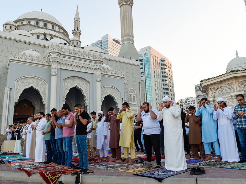 Residents offering Eid Al Fitr prayer at Al Noor mosque in Sharjah. 