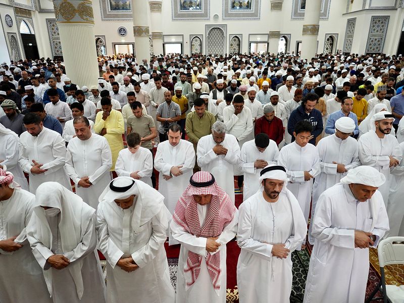 Worshippers offer morning prayer at the Al Farooq Omar Bin Al Khattab Mosque (Blue Mosque) in Dubai on the occasion of Eid Al Fitr. 