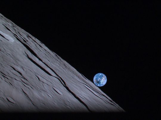 Earthrise over moon captured by Mission 1 lander carrying Rashid Rover
